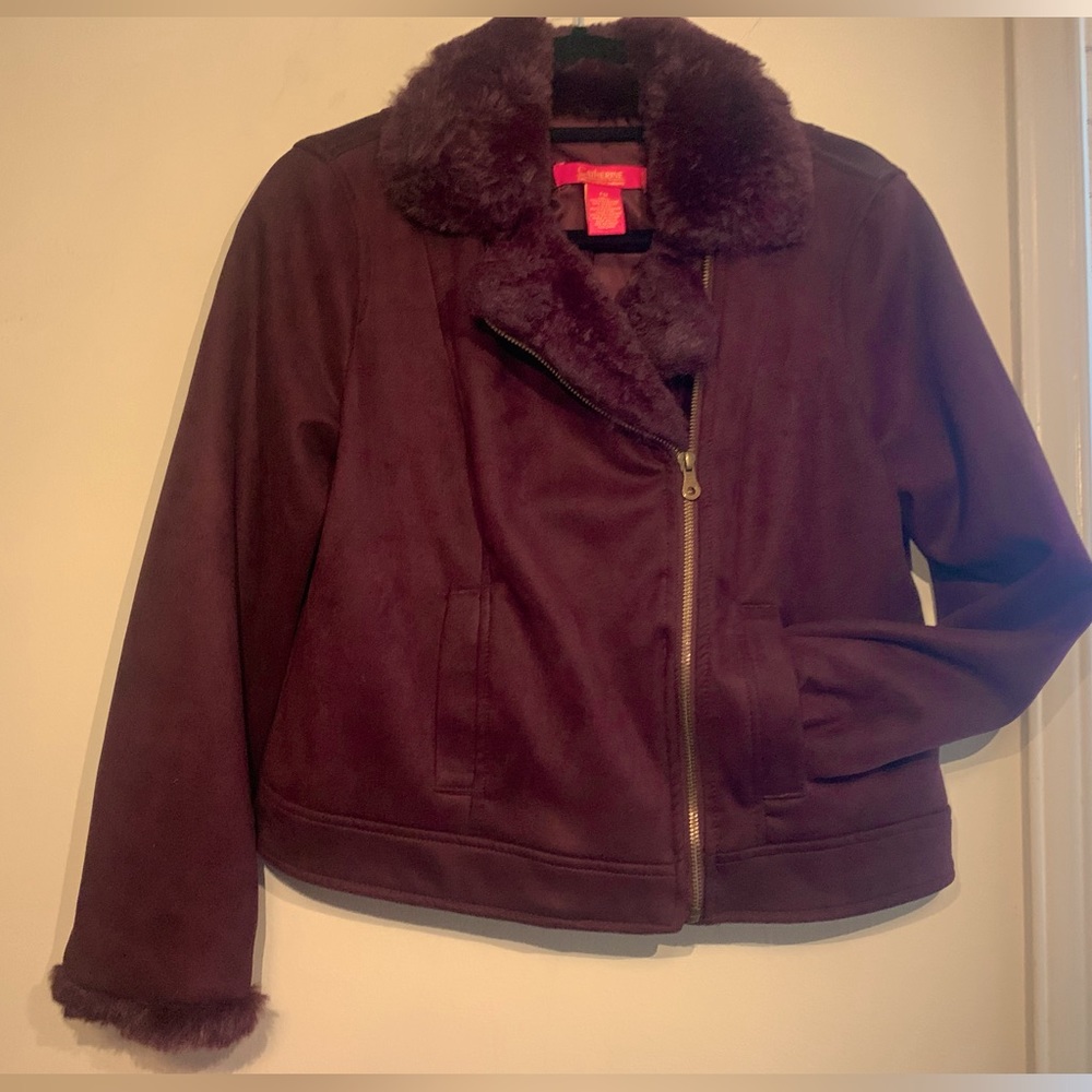 Gorgeous Catherine Malaldrino faux fur/faux leather Moro jacket in deep plum.